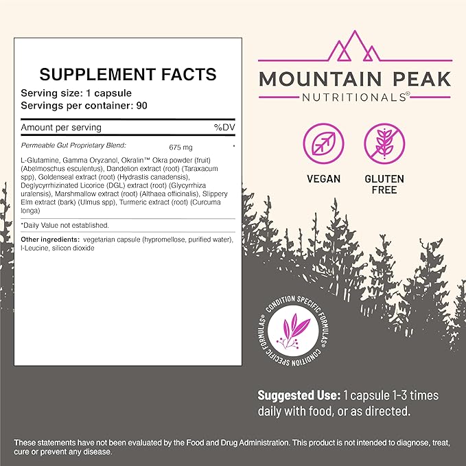 Mountain Peak Nutritionals Permeable Gut &amp Digestive Support Combo Pack - Gut Lining &amp Gastrointestinal Health - Enzymes Probiotics &amp Nutritional Support - 90 Vegetarian Capsules Each