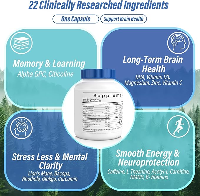 Brain Supplements for Memory and Focus Clarity &amp Cognitive Improvement 300mg Alpha GPC CDP-Choline DHA Lion’s Mane L-Theanine Vitamin B6 B12 &amp Phosphatidylserine for Men &amp Women 90