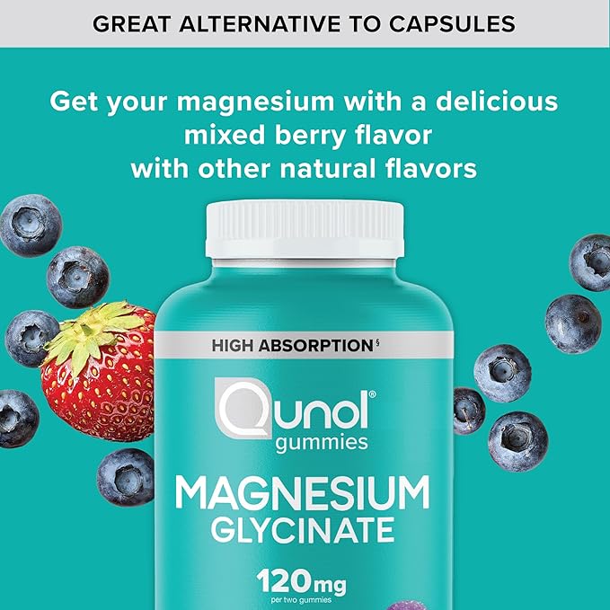 Qunol Magnesium Glycinate Gummies120mg of Magnesium GlycinateHigh AbsorptionMixed Berry90 Count (Pack of 2)
