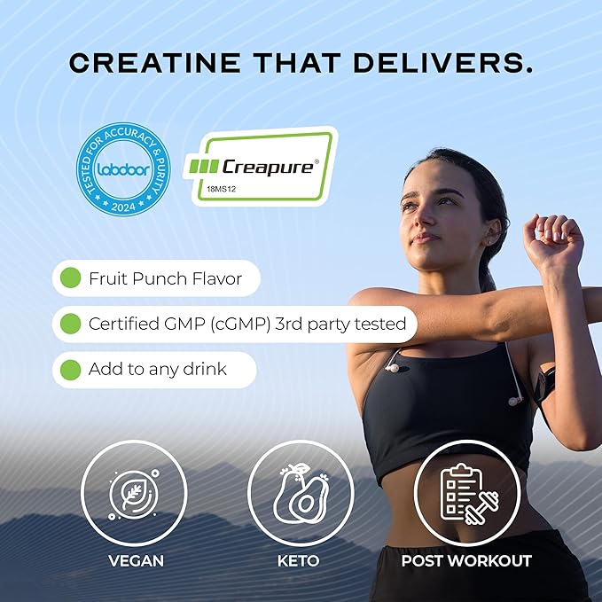Muscle Feast Creapure Creatine Monohydrate Powder Vegan Keto Friendly Gluten-Free Easy to Mix Muscle Recovery Supplement Creatine for Muscle Growth Flavored Creatine Natural Fruit Punch 300g