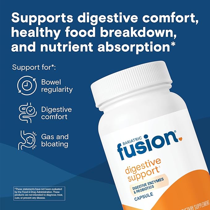 Bariatric Fusion Digestive Support: Digestive Enzymes with Probiotics | Vegan Supplement | Probiotics for Digestive Health and Gut Health Support | Gluten Dairy &amp GMO Free | 60 Capsules