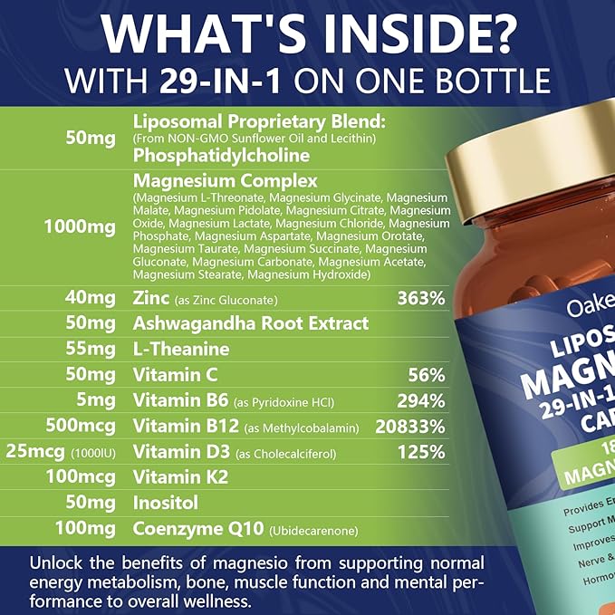 2 Pack 29-in-1 Liposomal 18 Active Types Magnesium Complex 1400MG CapsuleL-Threonate Glycinate Malate etcMild &amp EfficientExtra Vitamin B6 B12 D3K2 &amp CoQ10 Relaxation Nerve* &amp Hert* Sup