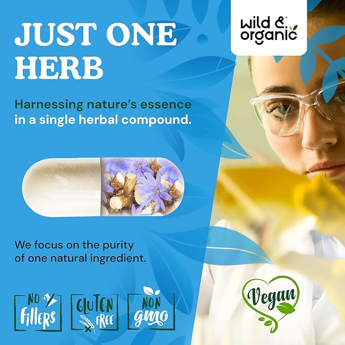 Wild &amp Organic Inulin Capsules 1400 mg - Digestive &amp Gut Support - Inulin Prebiotic Fiber Powder Supplement - Chicory Root Derived - Vegan No Fillers Non-GMO - 120 Count