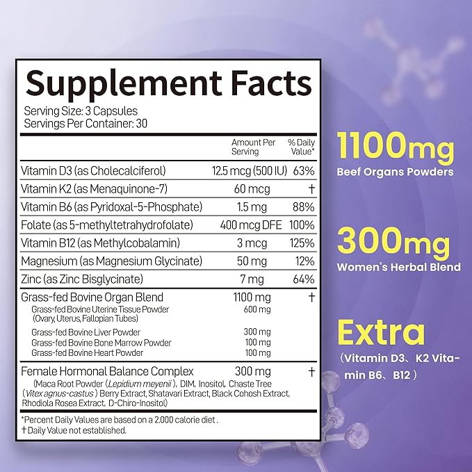 19-in-1 Beef Organ Supplement for Women (USA Made &amp New &amp Improved) Grass Fed Beef Liver Heart Boosted DIM Inositol B Vitamins &amp Botanical Complex-Support Energy Hormone Balance&amp