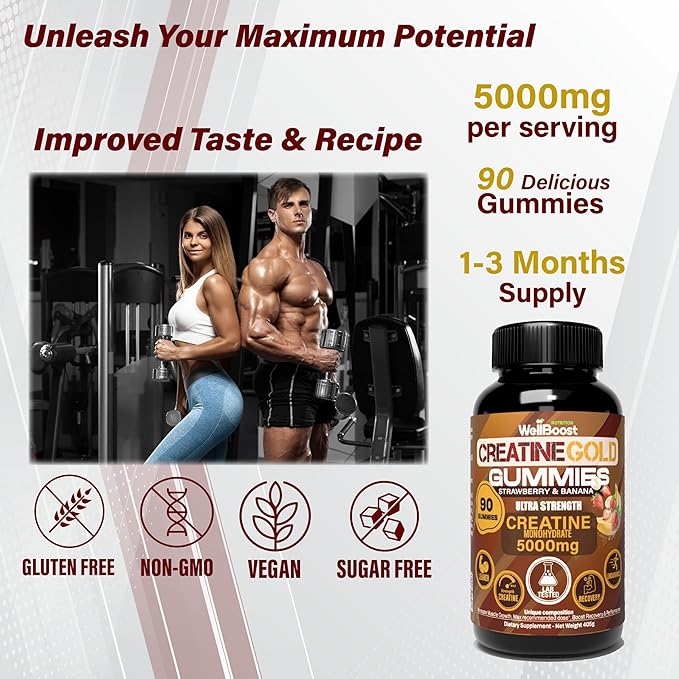 WellBoost Creatine Gold – 5000mg Creatine Monohydrate Vegan Sugar-Free Gummies for Lean Muscle Growth Endurance Recovery &amp Energy (1 Month Supply) in Starwberry and Banana Flavour.