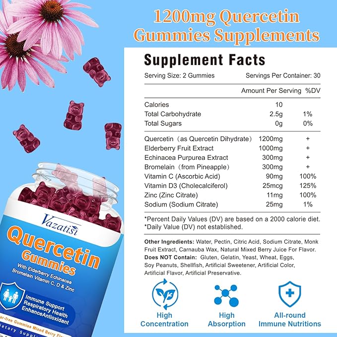 2 Pack Quercetin with Bromelain Gummies Quercetin with Vitamin C Zinc &amp Elderberry for Immune System &amp Allergy Chewable &amp Vegan Gummies Mixed Berry Flavor 120 Cts