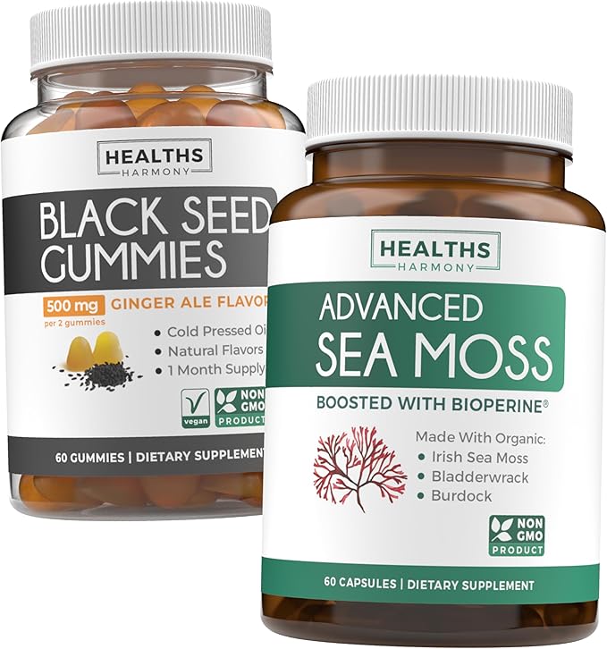 Black Seed Oil Gummies &amp Sea Moss (1-Month Supply) - Mineral-Rich Duo - Black Seed Oil Gummies Ginger Ale Flavor Cold-Pressed Nigella Sativa &amp Advanced Organic Irish Sea Moss with BioPerine (6