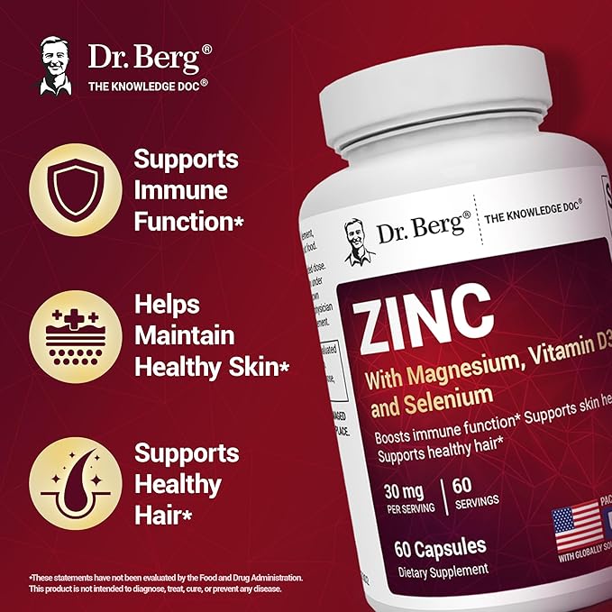 Dr. Berg Zinc 30mg Enhanced with Magnesium Vitamin D3 Selenium &amp Copper - Zinc Supplements for Men &amp Women - Chelated Zinc for Immune Skin Hair &amp Nails Support* - 60 Capsules