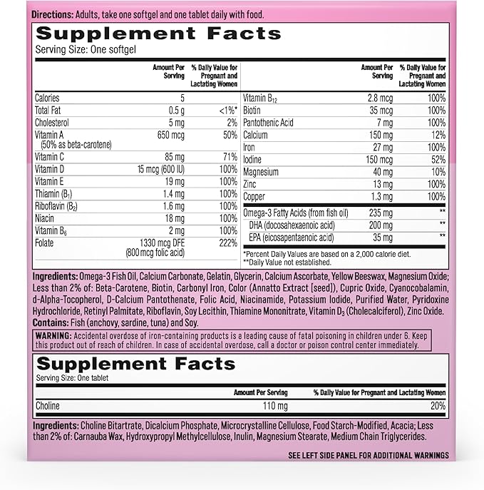 One A Day Prenatal Advanced- Prenatal Vitamins with Folic Acid Choline DHA &amp Iron Pregnancy Vitamins for Women to Support Baby’s Development 60+60 Ct (120 Total Set) (Packaging May Vary)