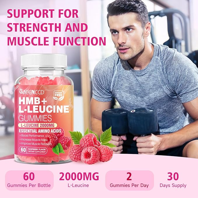 MEENCCD 2 Pack HMB and L-Leucine Gummies HMB and Leucine Amino Acid for Muscle Growth Muscle Maintenance and Muscle Function for Men &amp Women Sugar-Free Raspberry Flavor 120 Count