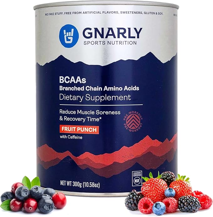 Gnarly Nutrition BCAA Powder Fruit Punch – Pre-Workout BCAAS Amino Acids – NSF Sport Certified – Supplement to Support and Rebuild Muscle – Fruit Punch with Caffeine 10.58 oz