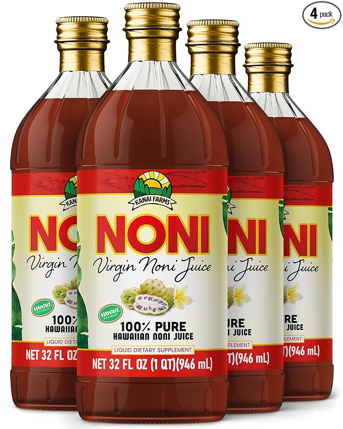Virgin Noni Juice - 100% Pure Hawaiian Noni Juice - 4 Pack of 32oz Glass Bottles