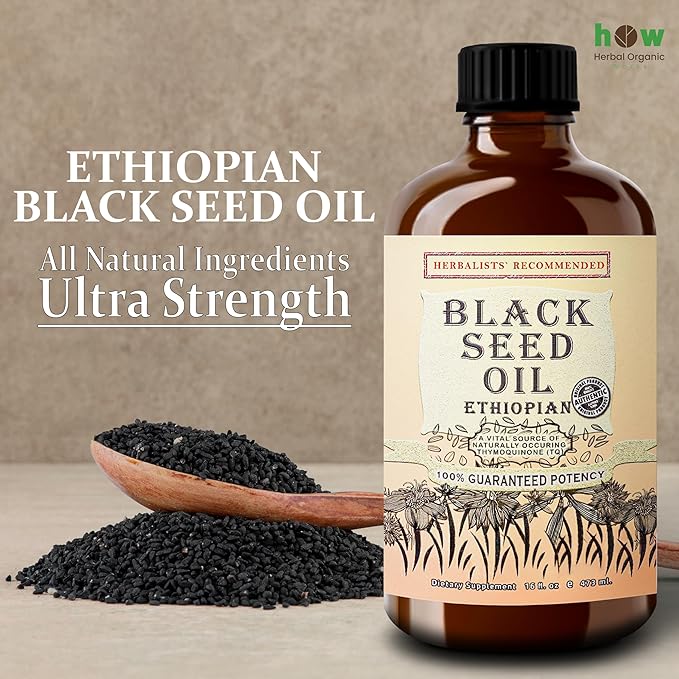 Ethiopian Black Seed Oil 16oz – Cold Pressed Nigella Sativa | High Thymoquinone 3.45% Black Cumin Seed Oil | 100% Pure Unrefined Liquid | Immune Skin Hair &amp Digestive Support | Large Glass Bottl