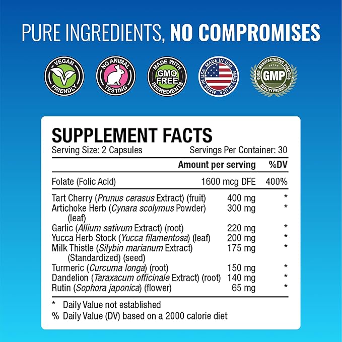Approved Science Uric Acid Flush Supplement - Tart Cherry Turmeric Milk Thistle - Joint Support &amp Active Mobility - Made in USA - Vegan - 60 Capsules - 1 Month Supply