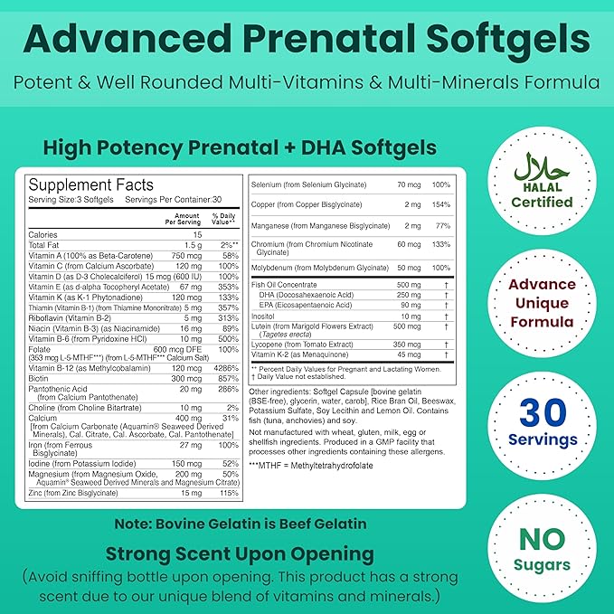 SHIFAA NUTRITION Halal Prenatal Vitamins with DHA and Folic Acid | High Potency 90 Softgels Keto-Friendly | Vitamin C 120mg DHA 250mg Folic Acid 800mg EPA 90mg Biotin &amp Iodine