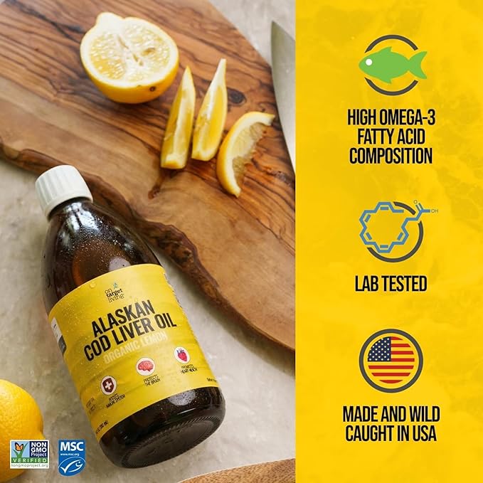 On Target Living Alaskan Cod Liver Oil Organic Lemon Flavor 16.67 oz (2-Pack) | Line Caught in The USA | Naturally Occurring Vitamin D | Rich in Omega 3 DHA/EPA | Non-GMO Project Certified