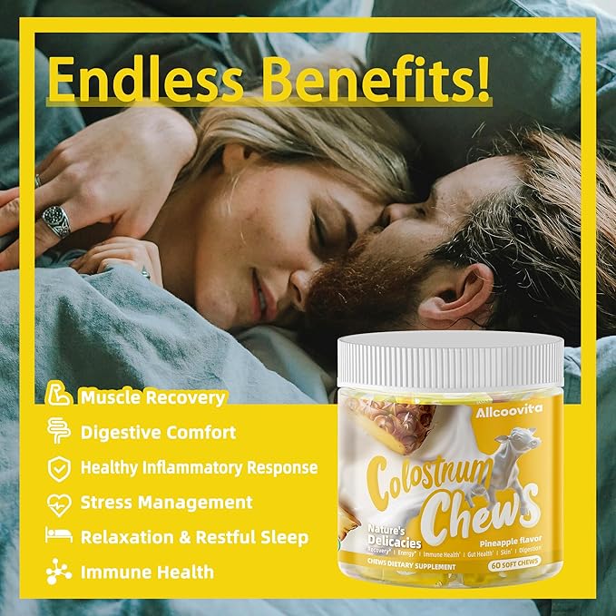 Bovine Colostrum Chews Supplement with probiotics for Gut Health Bloating Immune Support Skin Hair Growth and Beauty - Pineapple Flavor (60 Servings)