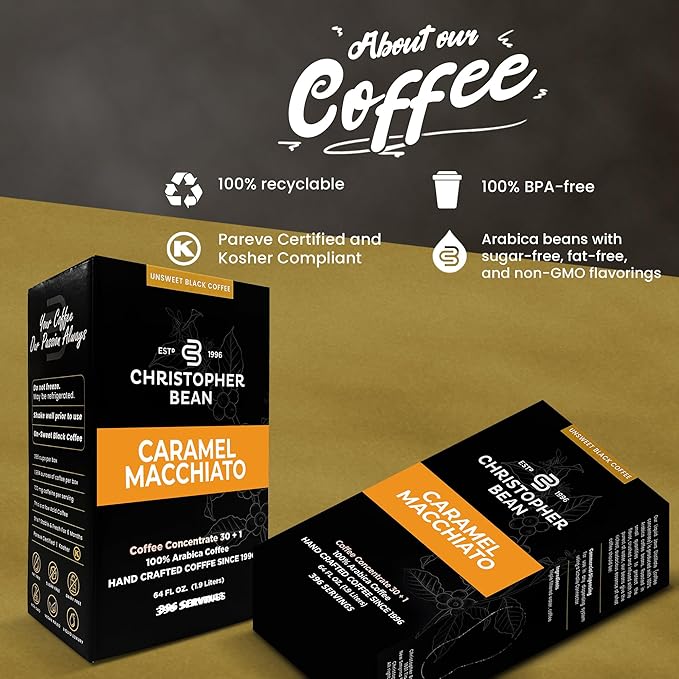 Christopher Bean Coffee - 396 servings 30 to 1 Blend Bag in Box Liquid Instant Coffee or Cold Brew Coffee Concentrate - Hot or Iced Coffee - Caramel Macchiato