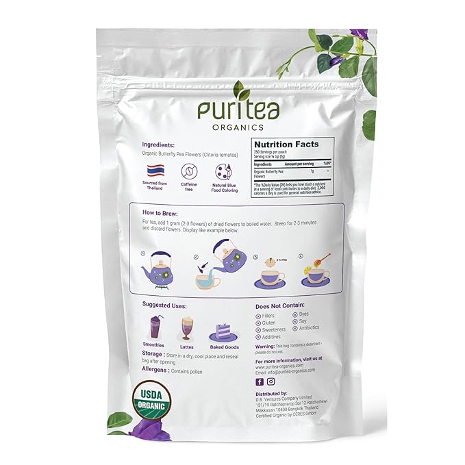 USDA Organic Butterfly Pea Flower Tea 8.82oz 750+ Cups | Great for Iced or Hot Brewed Herbal Tea | Natural Blue &amp Purple Food Coloring | Rich Source of Antioxidants | Caffeine Free Non-GMO No