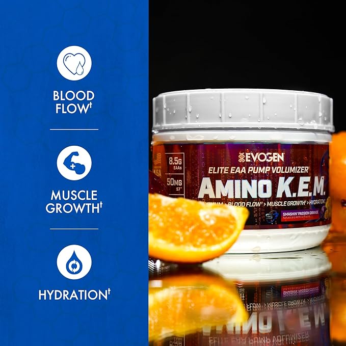 Evogen Amino KEM - Elite EAA Pump Volumizer | Supports Blood Flow Muscle Growth Hydration | Full Spectrum EAAs &amp BCAAs S7 Nitric Oxide Blend | Smashin' Passion Orange | 30 Servings
