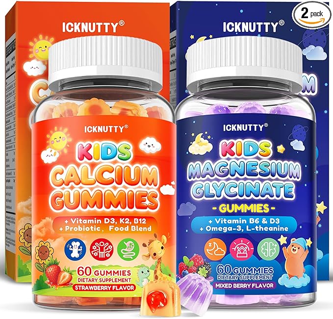 Kids Calcium Magnesium Supplement Gummies - Calcium Citrate 800mg with Magnesium Glycinate 200mg L-Theanine Vitamin D3 K2 &amp Omega-3 Multivitamin for Kids Day &amp Night Gummies - Vegan Sugar F