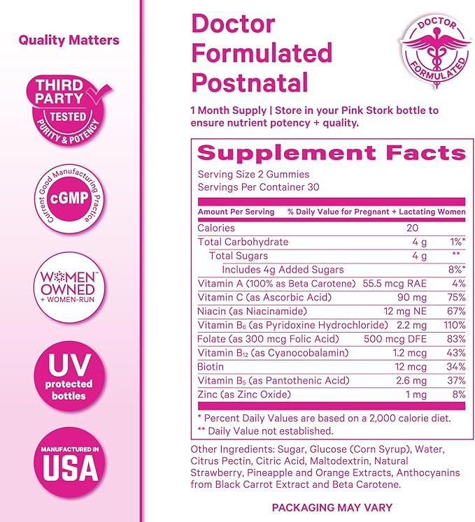 Pink Stork Total Postnatal Vitamin Gummies - Multivitamin for Postpartum Recovery and Lactation Support - Folic Acid B6 and Vitamin C - Postpartum Essentials - 60 Gummy Vitamins