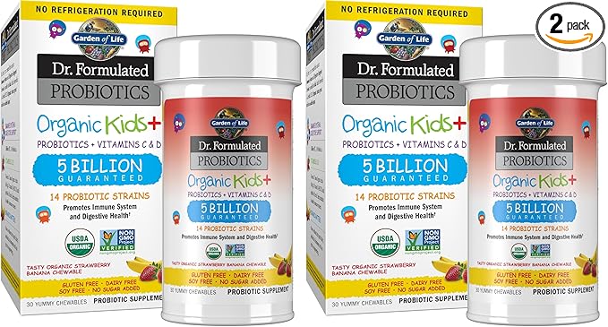 Garden of Life Dr. Formulated Probiotics Organic Kids+-Digestive Health Support-Prebiotic Fiber&ampVitamins C&ampD-Supports Immune Function-Shelf Stable-Strawberry Banana30 Yummy Chewables(Pack of
