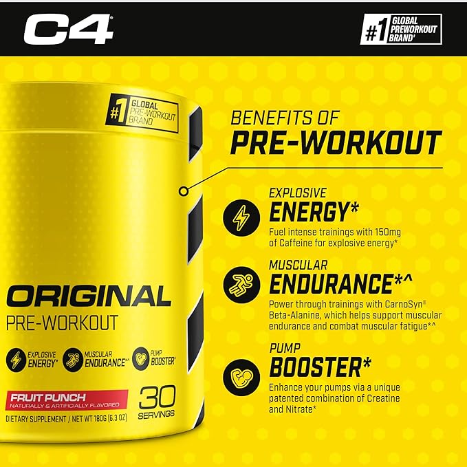 Cellucor Pre Workout &amp Creatine Bundle C4 Original Pre Workout Powder Fruit Punch 30 Servings + Cor Performance Creatine Powder 72 Servings