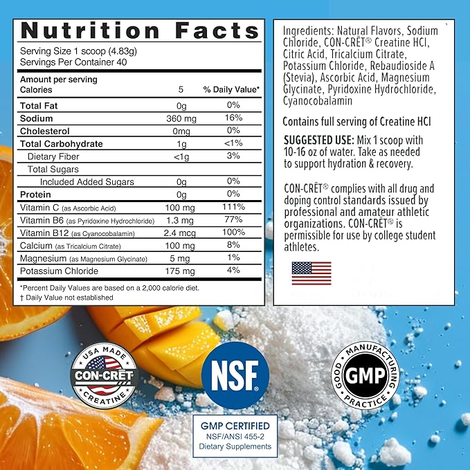 CON-CRET Creatine HCl + Hydration | Electrolyte Powder Tub | Citrus Mango | Sugar Free Electrolytes | Rehydration Formula w Potassium Sodium Zinc Magnesium to Hydrate &amp Recover (40 serv)