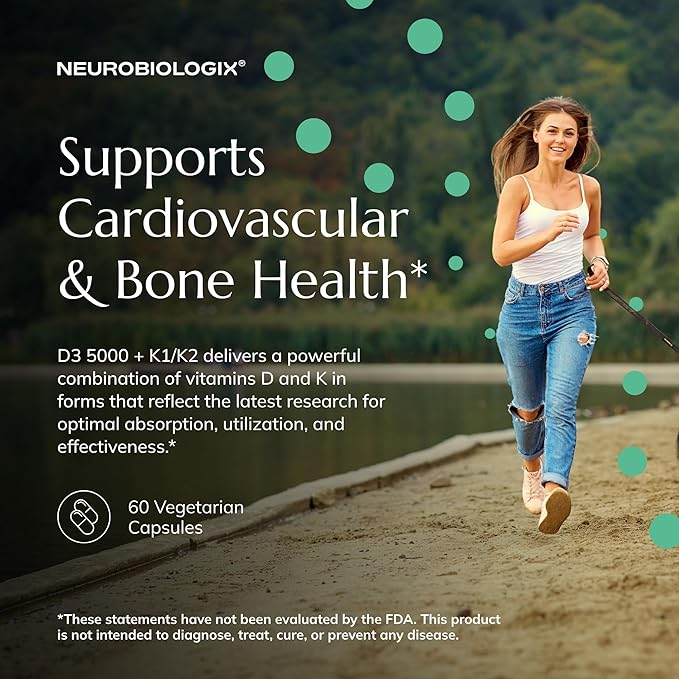 Neurobiologix Vitamin D3 + K2 Cofactor Complex High Potency 10000 IU Vitamin D3 K2 MK-7 Zinc &amp Boron Bone Strength Cardiovascular Sup 60 Capsules
