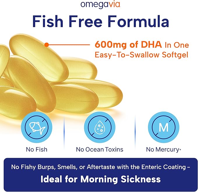 OmegaVia Prenatal DHA 600mg | Fish-Free Omega-3 Supplement | Supports Baby’s Brain Eye &amp Nervous System Development | Safe for Pregnancy &amp Lactation | 30 Easy-to-Swallow Softgels