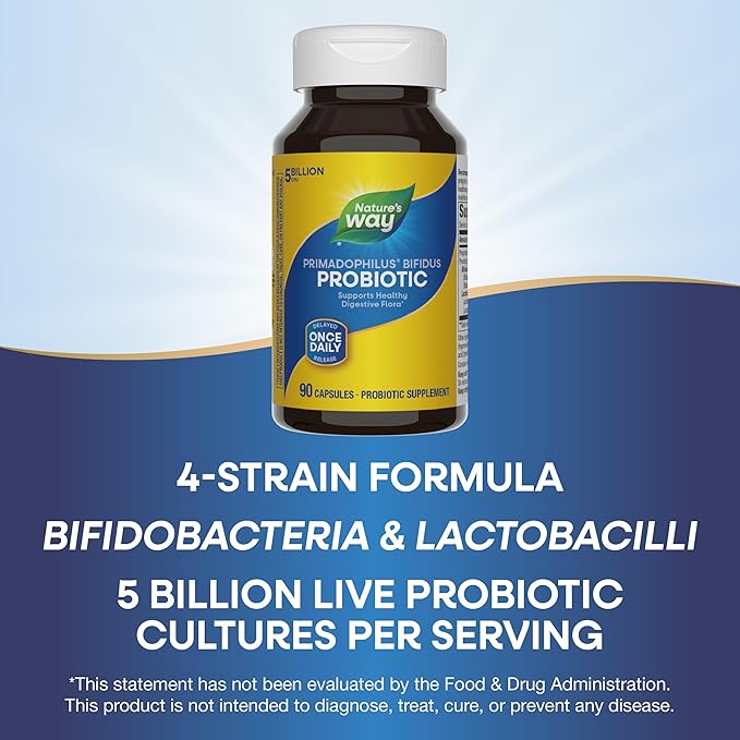 Nature's Way Primadophilus Bifidus Probiotic Supports Digestive Flora* 5 Billion Live Probiotic Cultures per Capsule Lactobacilli Bifidobacteria 90 Capsules (Packaging May Vary)