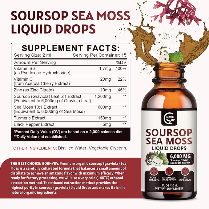 (2 Pack) Soursop Graviola Liquid Drop Soursop Bitters Multivitamin Liquid with Sea Moss &amp Turmeric 98% Absorption for Cell Support &amp Regeneration Immune Boost and Liver 1 Fl Oz