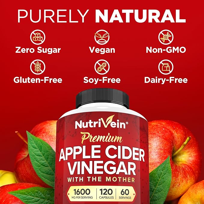 Nutrivein Premium Tart Cherry 500mg &amp Apple Cider Vinegar 1600mg Bundle - Muscle Recovery &amp Uric Acid Cleanse Plus Digestion Support &amp Weight Management - Non-GMO Vegan/Vegetarian - 90 +