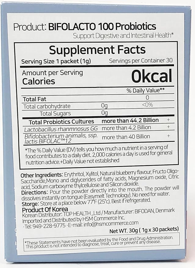 Bifolacto 100 Premium Denmark Probiotics 44.2 Billion Probiotics with Prebiotics (Synbiotics) Zero Calories Zero Sugar Non Dairy. Travel Friendly Easily Melts on Your Tongue
