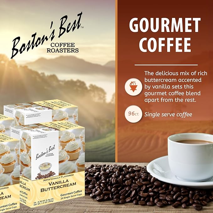 Boston’s Best - Vanilla Buttercream Flavored Delicious Gourmet Coffee Compatible with Keurig Coffee Maker 24 Count (Pack of 4)