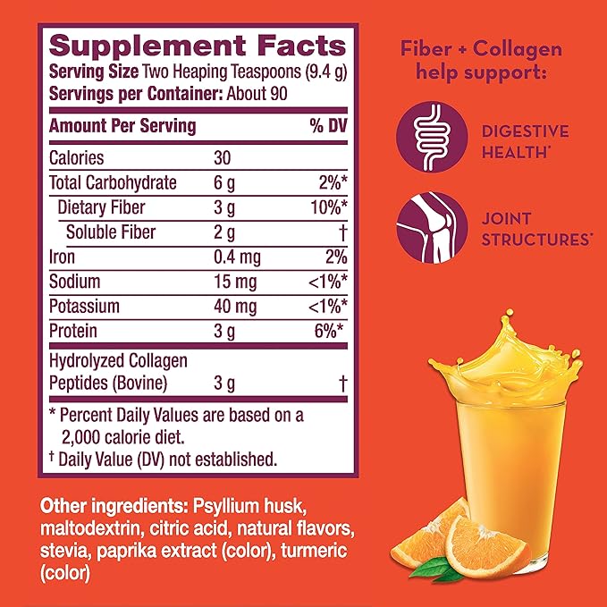 Metamucil Daily Fiber + CollagenPsyllium Husk PowderPlant Based Fiber SupplementSugar-Free with Stevia3-in-1-Fiber Supplement for Digestive HealthOrange Flavored90 Doses(Pack of 2)