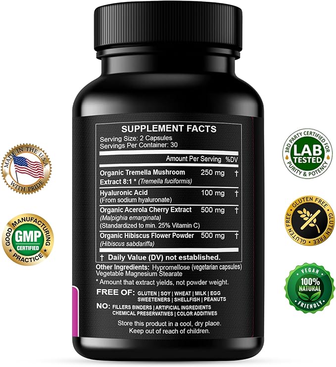 Natural Hyaluronic Acid Supplement 5X Stronger Hydration Pills from Pure Tremella Mushroom with Vitamin C &amp Hibiscus - Skin Supplement Anti Wrinkle Dietary Capsules - hair nails vitamins
