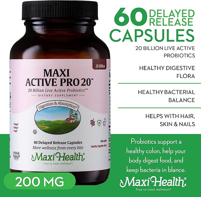 Maxi Health Probiotics for Digestive Health and Gut – 15 Strains 20 Billion CFU Active Organisms - Probiotics for Men and Women – Daily Probiotic for Digestive Support 60 Capsules