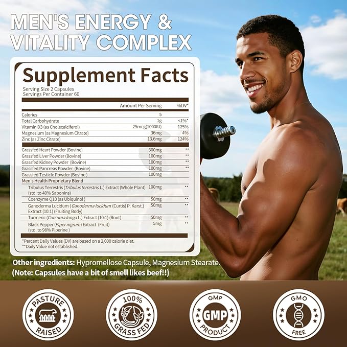 M inch Beef Organs Supplement Beef Liver Capsules with Kidney Pancreas Tribulus Terrestris CoQ10 Zinc &amp Magnesium for Men's Vitali*ty Energ*y Immune Support Gluten-Free Non-GMO 120 Cou