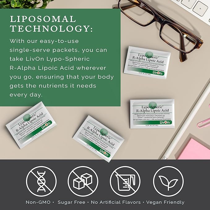 LivOn Laboratories Lypo–Spheric R–Alpha Lipoic Acid - 30 Packets – 226 mg R-ALA Per Packet - Liposome Encapsulated for Improved Absorption - 2 Pack