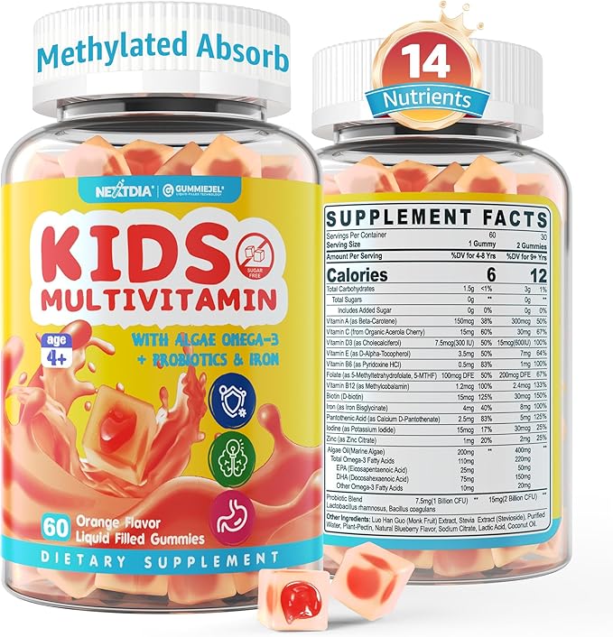 Kids Multivitamin Gummies with Iron Sugar Free Kids Daily Vitamins + Probiotics Algae Omega 3 (EPA/DHA) A C D Methyl B12 Folate B6 Zinc Biotin for Healthy Growth Immune Support 60 Count