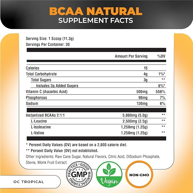 Nutrology BCAA Natural - Plant Based BCAA Powder Orange Coconut Flavor Optimized 2:1:1 Ratio Amino Acids Powder for Pre Workout &amp Post Workout Recovery Vegan Gluten-Free Non-GMO 30 Servings