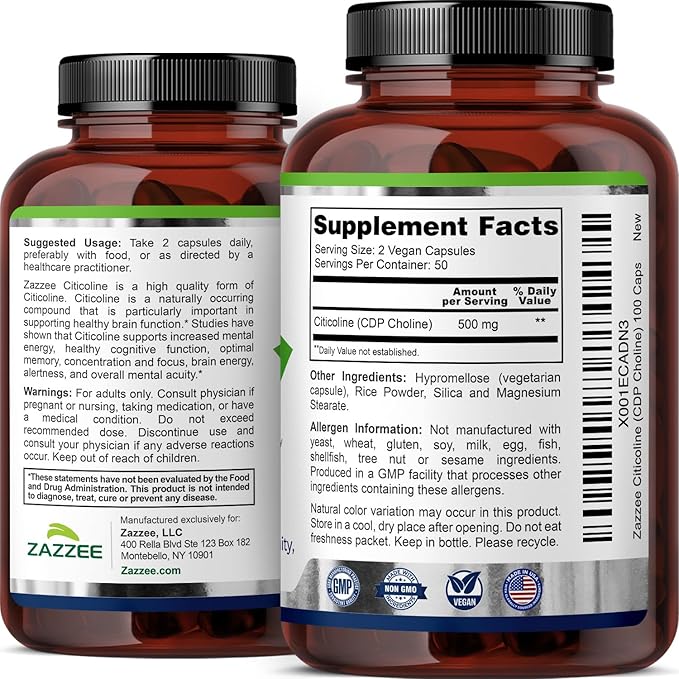 Zazzee Extra Strength Citicoline 500 mg per Serving 100 Vegan Capsules Superior CDP Choline Form 100% Vegetarian and Pharmaceutical Grade 50-Day Supply All-Natural and Non-GMO (Pack of 2)