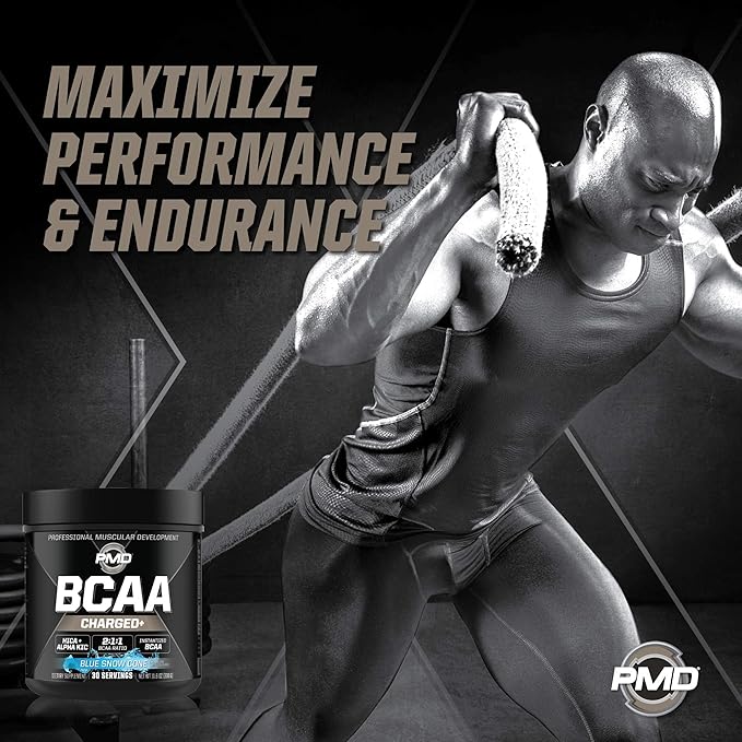 PMD Sports BCAA Charged Delicious Amino Acid Drink Mix for Performance Recovery Endurance and Hydration - Increase Muscle Function for Workout and Daily Energy – Blue Snow Cone (30 Servings)