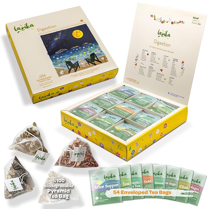 Lazika Herbal Tea Variety Pack with Lovely Presentation Box 54 Counts Digestion Tea Assortment Gift Set Premium Collection with Pyramid Infuser Bag Handcrafted