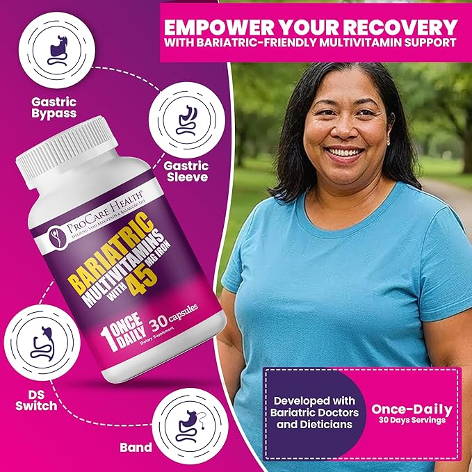 ProCare Health Bariatric Multivitamin with 45mg Iron (30 Easy to Swallow Capsules) - Once Daily Post-Op Support for Gastric Bypass &amp Sleeve with 1 Month Supply No Artificial Colors Gluten-Free
