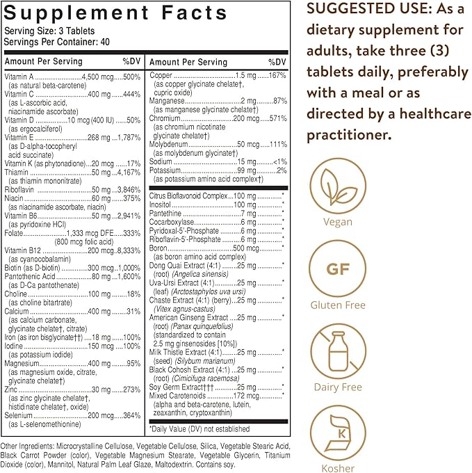 Solgar Female Multiple 120 Tablets - Multivitamin Mineral &amp Herbal Formula for Women - Advanced Phytonutrient - Vegan Gluten Free Dairy Free Kosher - 40 Servings