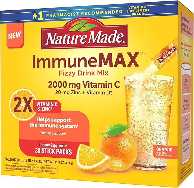 Nature Made ImmuneMAX Fizzy Drink Mix with Vitamin C Vitamin D and Zinc Supplement for Immune Support Fast Absorption 30 Stick Packs 0.4 Ounce