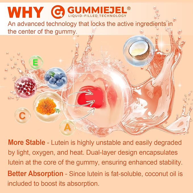 Sugar-Free Lutein Zeaxanthin Supplements Gummies (25mg) Vitamins A C E Bilberry Astaxanthin - Coconut Oil for Better Absorption - Adults &amp Teens Vision Health Eye Strain Dry Eyes - Vegan 60